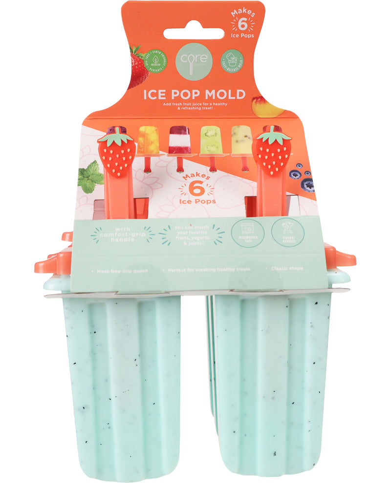 Core 7 Strawberry Ice Pop Mold set in retail packaging, featuring two mint green speckled molds with orange strawberry-shaped handles, under a bright orange and mint green cardboard hanger.
