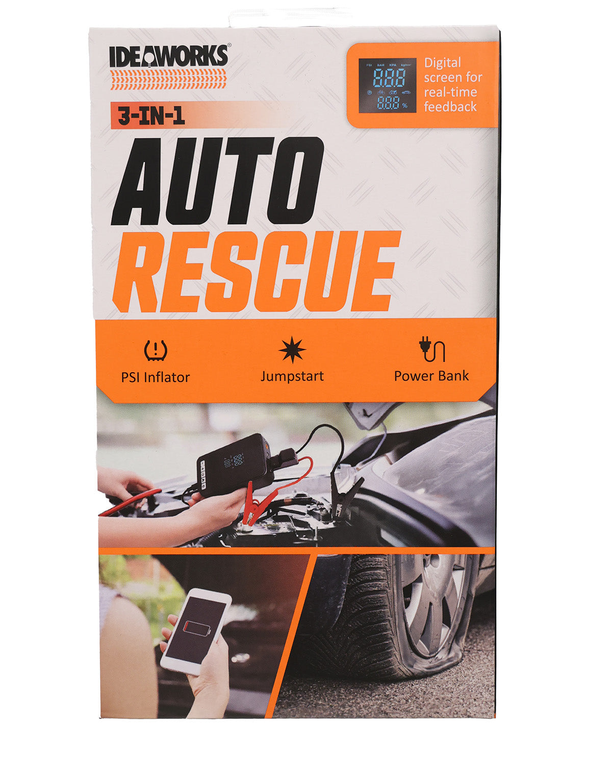 Front-facing retail packaging for an IDEWORKS 3-in-1 Auto Rescue device, showing the product name, feature icons, and a small usage photo on the box.