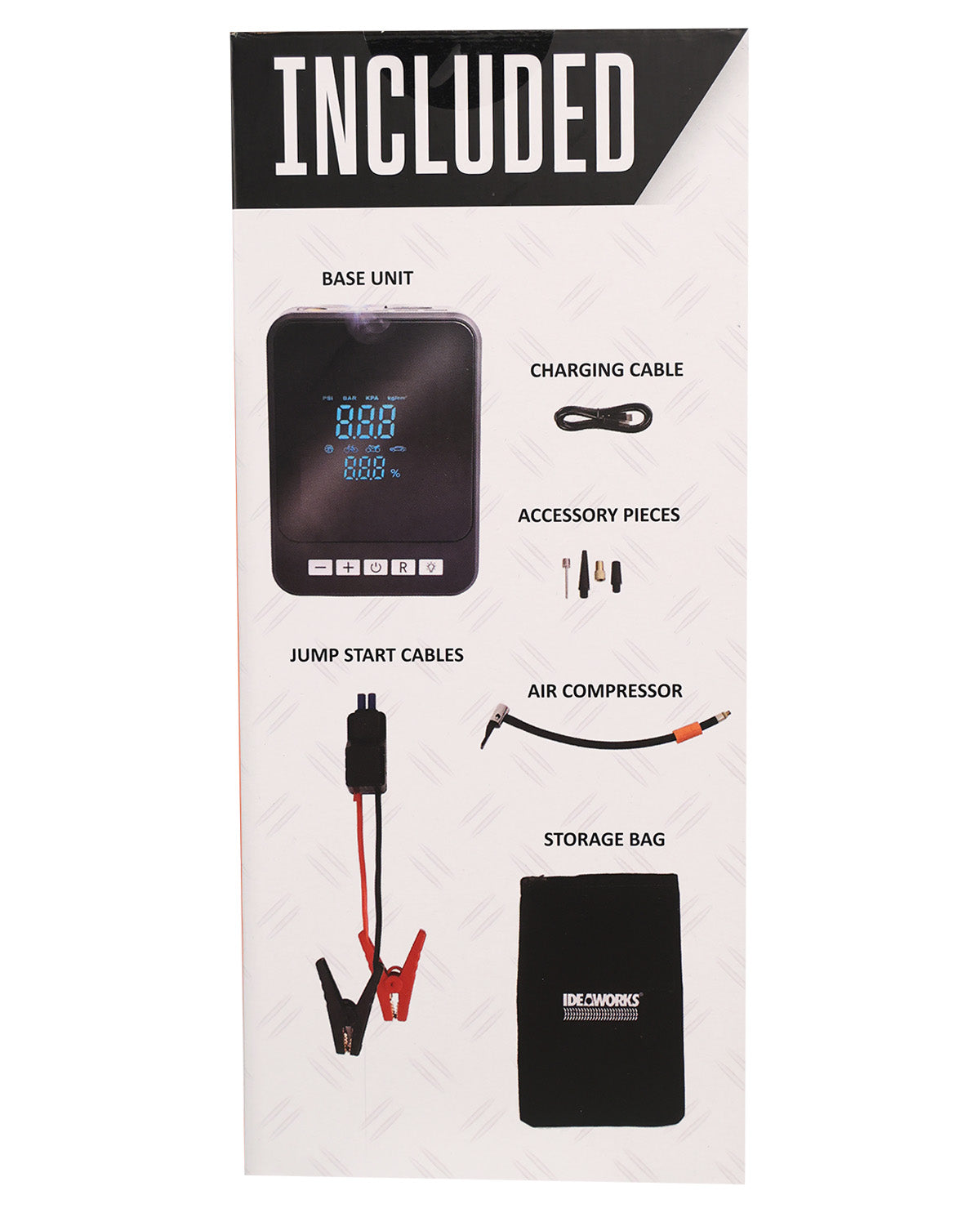 A product inclusion diagram on a white background showing the included items for a portable air compressor kit: a base unit with a digital display, charging cable, accessory pieces, jump start cables, air compressor, and storage bag. The header reads 'INCLUDED'.
