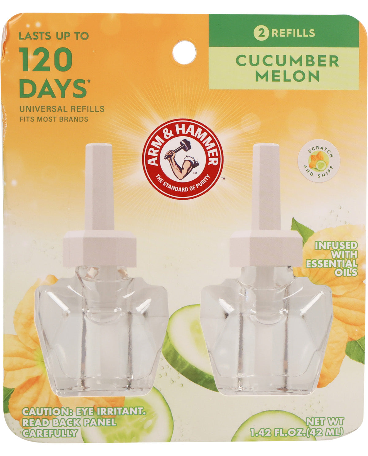 Two Arma & Hammer cucumber melon air freshener refills on a bright background