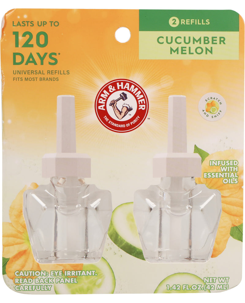 Two Arma & Hammer cucumber melon air freshener refills on a bright background
