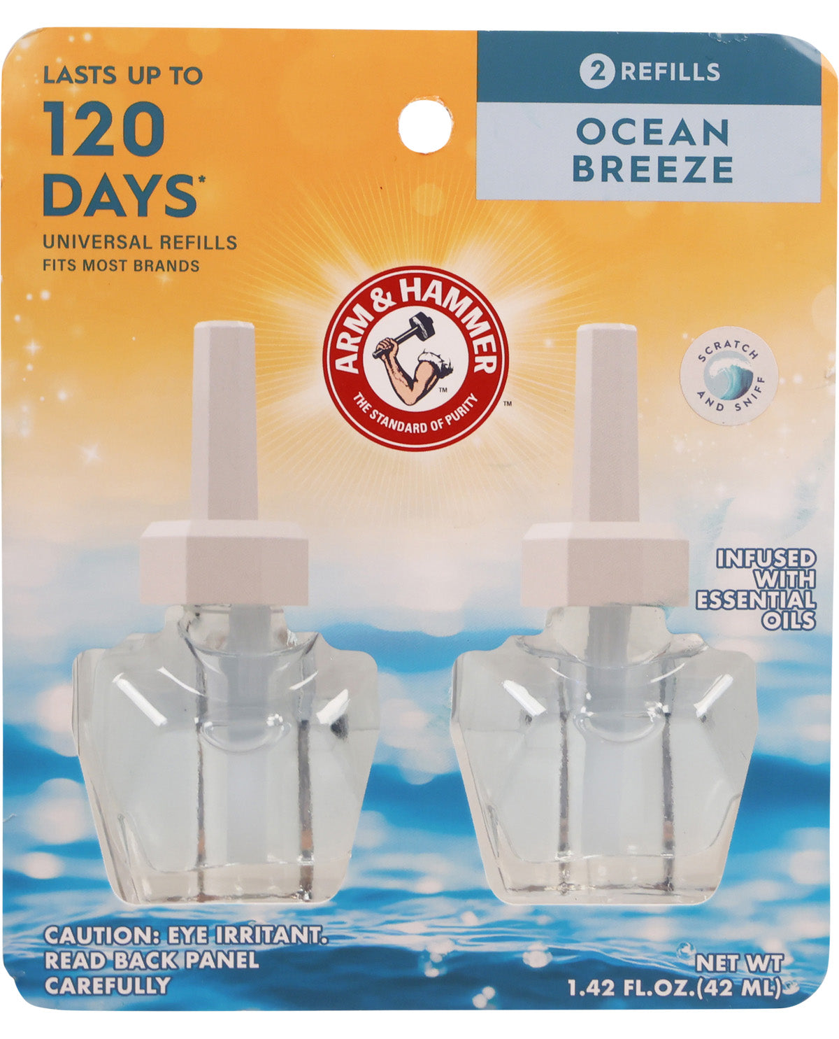 Arm & Hammer ocean breeze air freshener refills packaging with branding and product details.