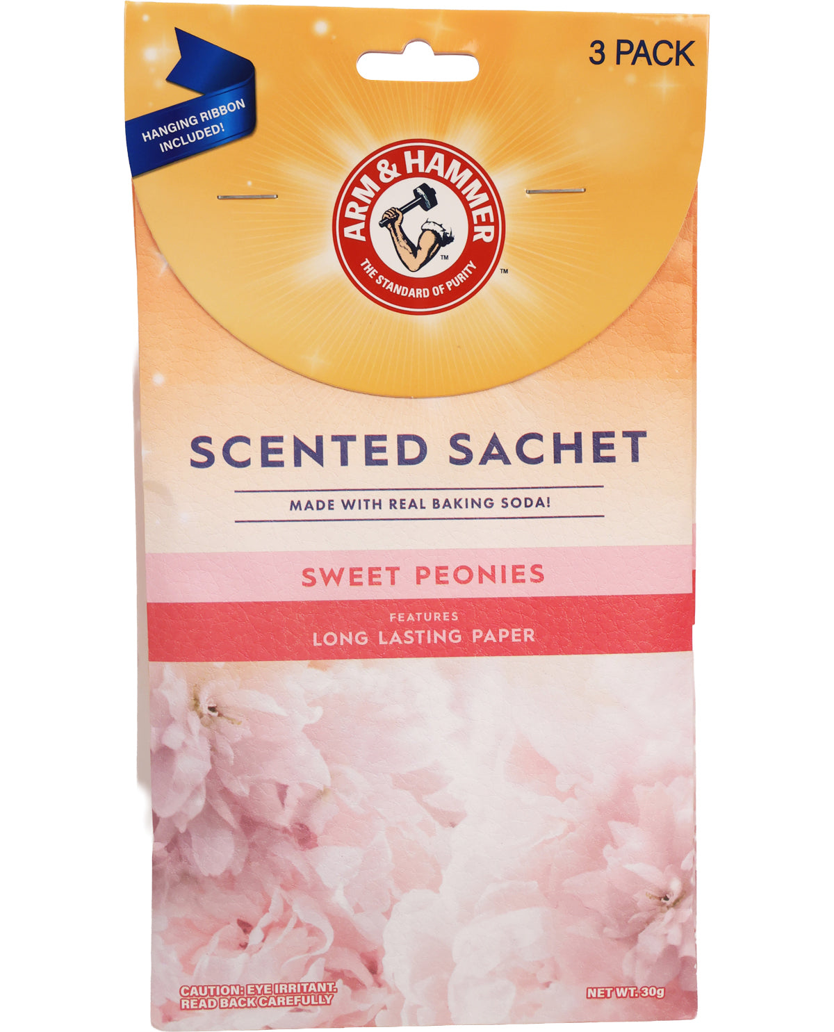 Arm & Hammer scented sachet packaging with sweet peonies scent on a white background