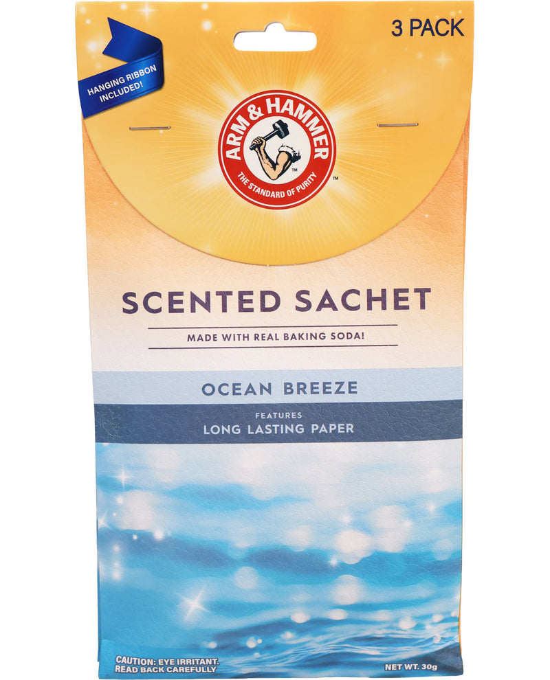 Arm & Hammer scented sachet packaging with ocean breeze scent on a white background