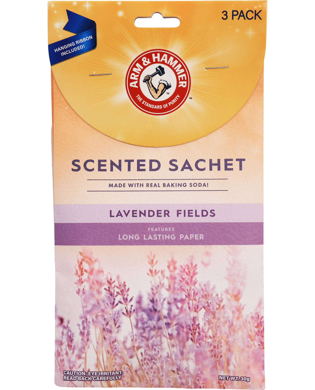 Pack of Farm & Hammer scented sachets with lavender fields design on packaging.