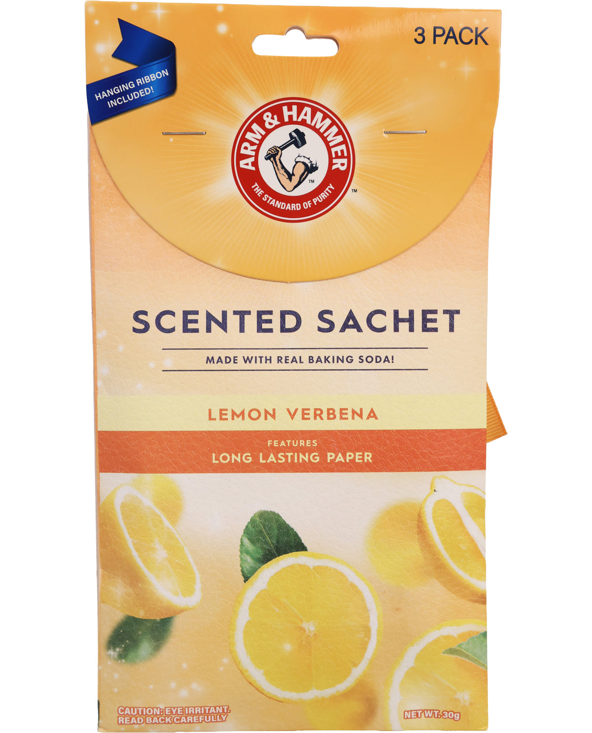 Arm & Hammer lemon verbena scented sachet packaging on a white background