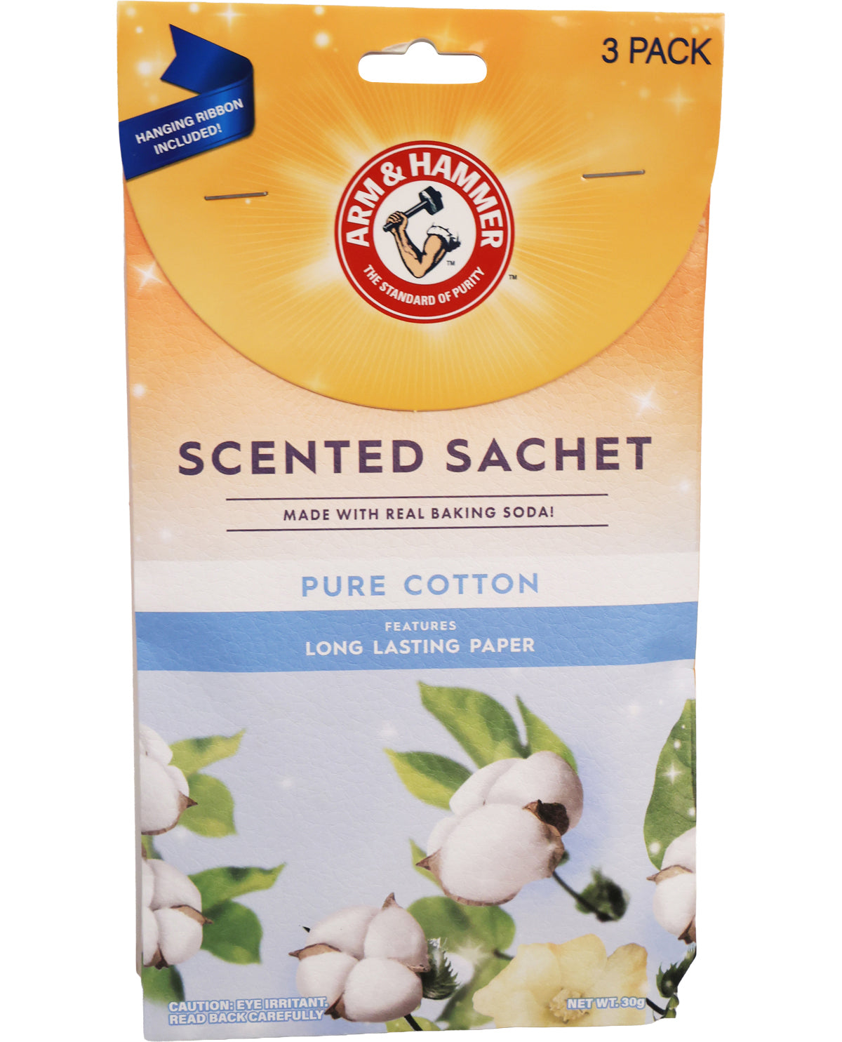 Arm & Hammer scented sachet packaging with cotton imagery on a white background