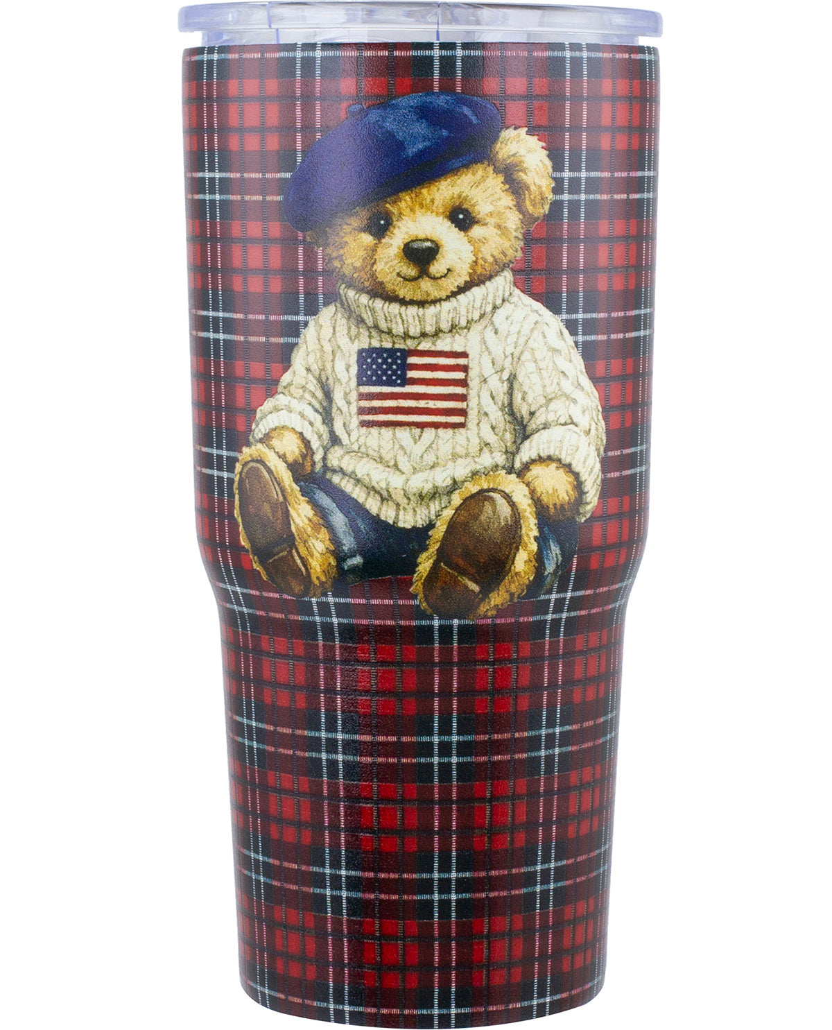 20oz Tumbler Red Checker With Patriotic Sweather Bear