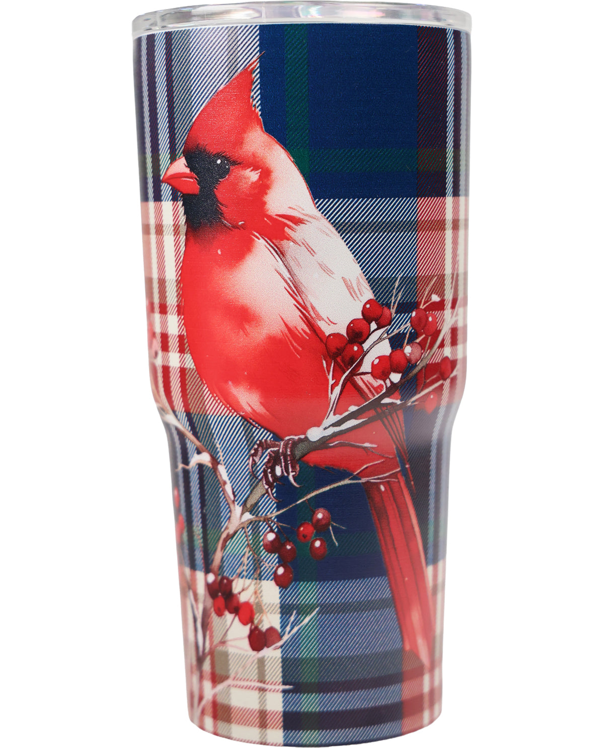 A tall insulated tumbler with a clear lid, featuring a printed design of a red cardinal perched on a branch with red berries over a blue, red, and white plaid pattern.