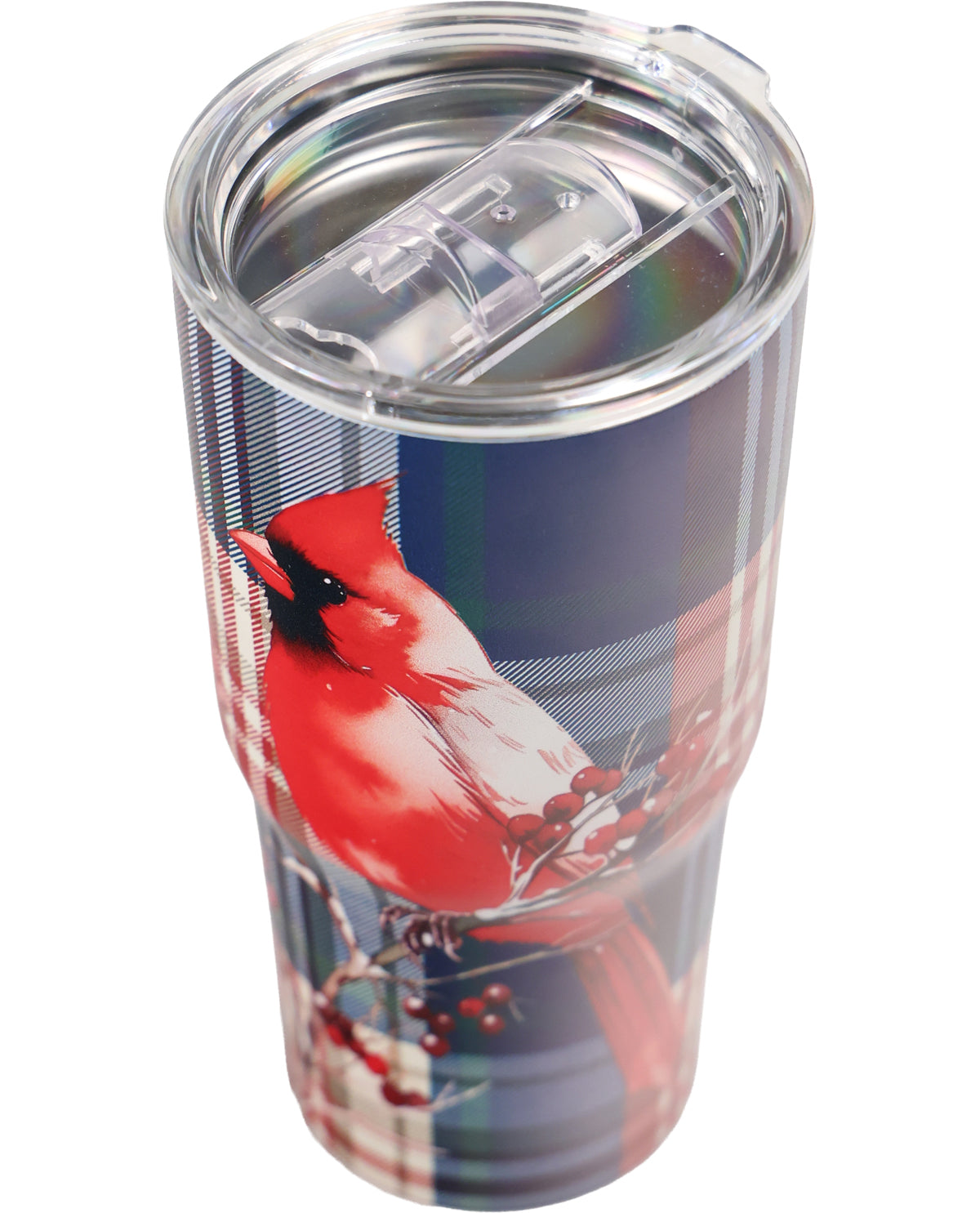 A clear insulated tumbler with a lid, featuring a printed design of a red cardinal perched on a branch against a plaid background.