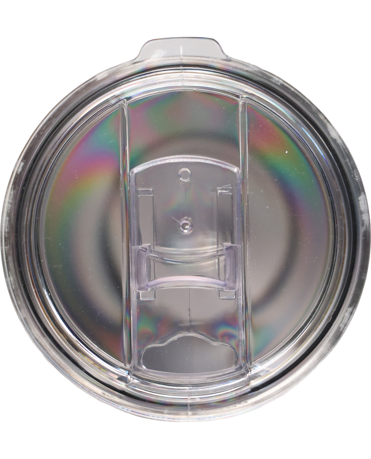 A clear plastic insulated tumbler lid with a flip-top straw opening, shown from a top-down view on a white background.