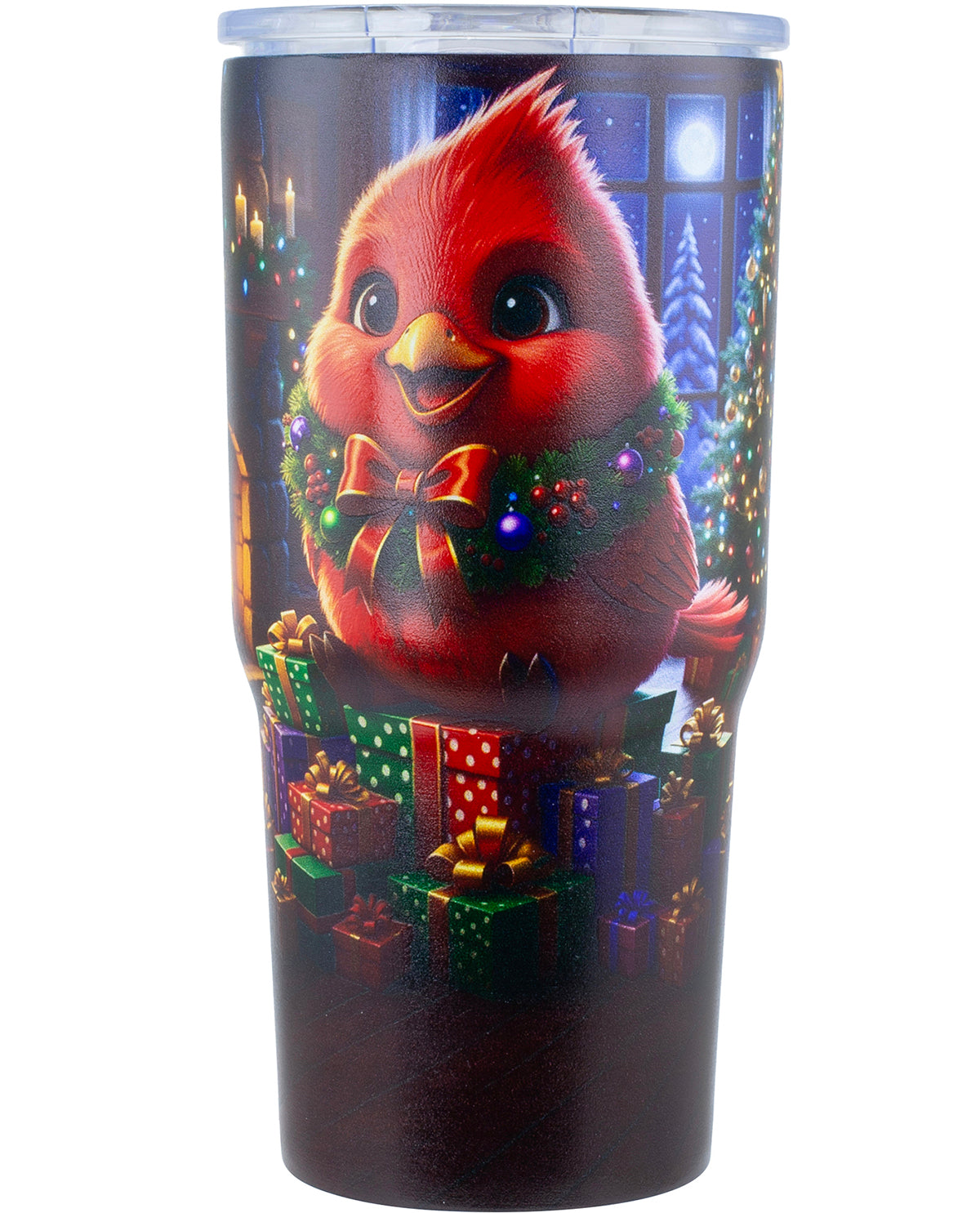 A tall insulated travel tumbler with a clear lid, featuring a festive Christmas design of a red cardinal wearing a green wreath and red bow, surrounded by wrapped presents and a decorated tree at night.