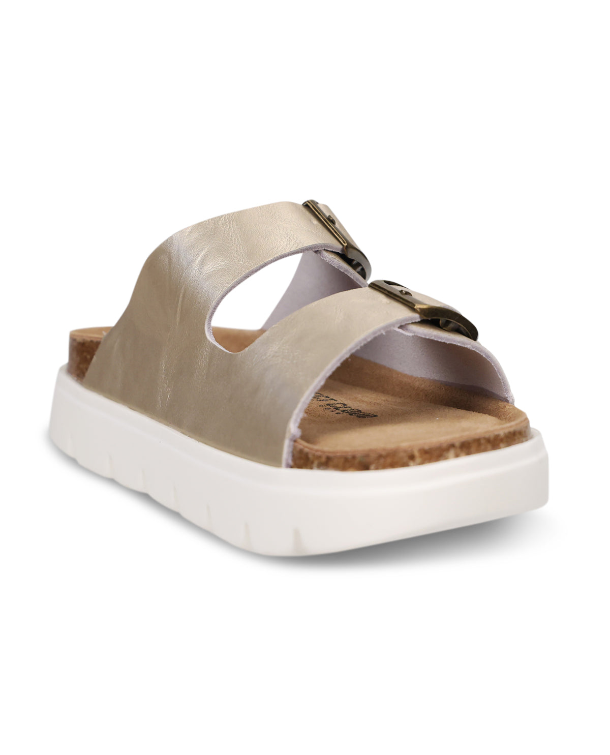 Gold sandal with a white sole on a white background