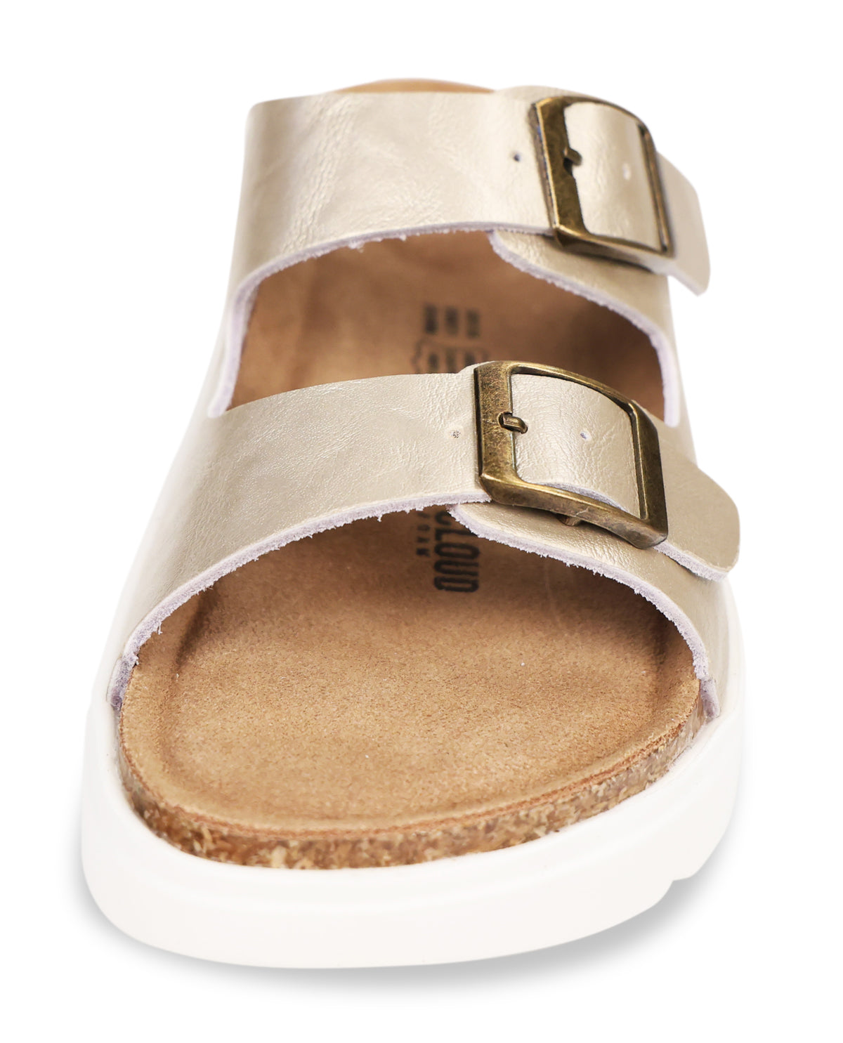 Gold sandal with a white sole on a white background