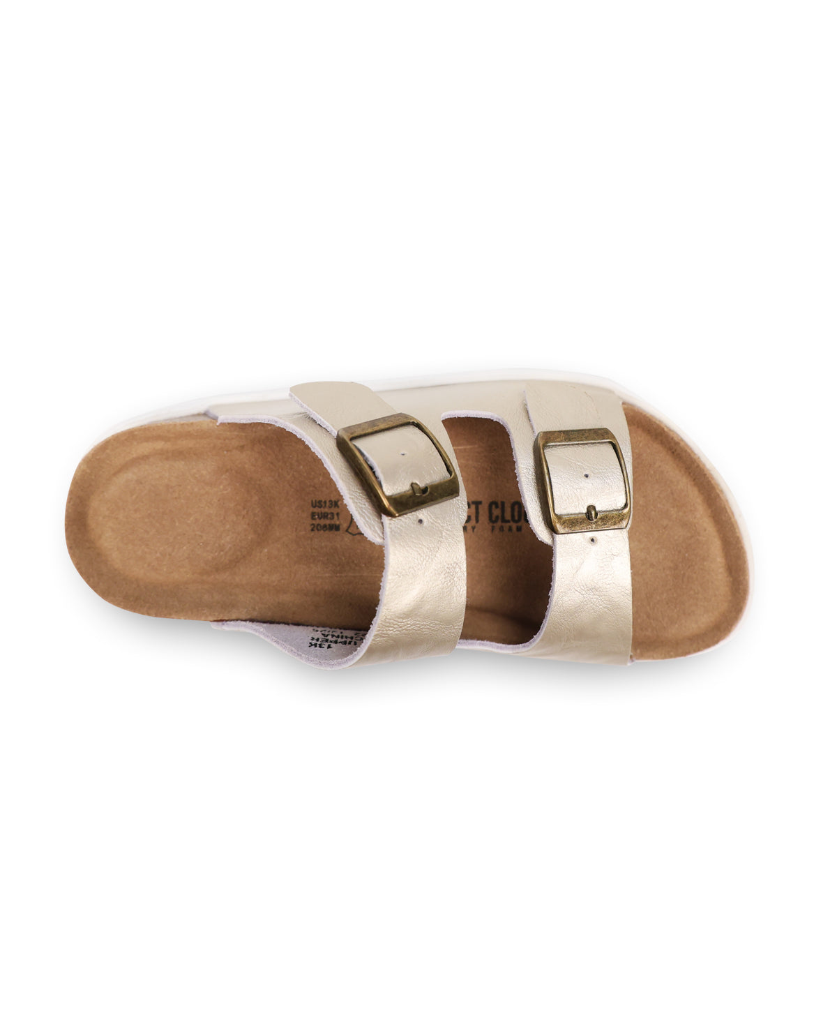 Gold sandal with two buckles on a white background