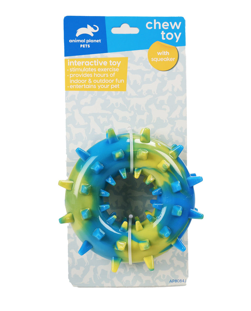 Animal Planet Pets Chew Toy with squeaker, a blue and green interactive rubber toy with spikes, in its original retail packaging.