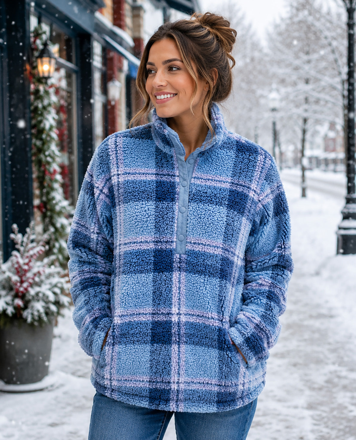 A woman wearing a blue and navy plaid fleece pullover jacket with a half-placket and front pockets, standing outdoors in a snowy street scene.