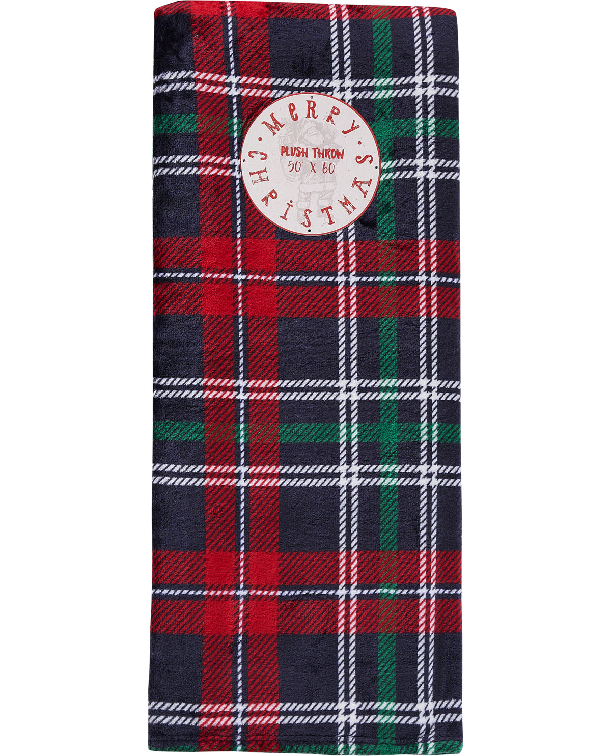 A festive Christmas tartan plaid scarf featuring red, green, navy, and white stripes, with a circular white paper label that reads 'HUMBLE CHRISTMAS'.