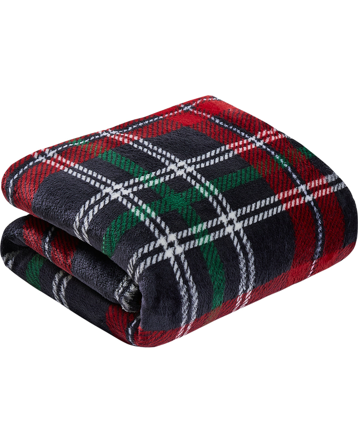A folded plaid blanket with a tartan pattern in red, black, green, and white, shown on a plain white background.