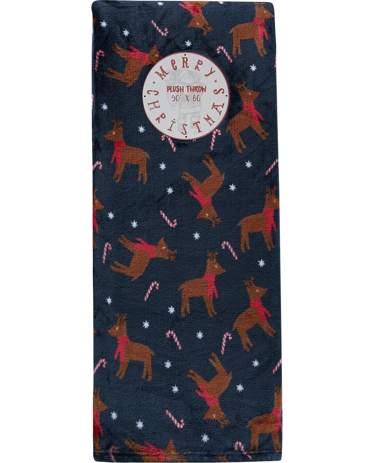 A dark navy blue plush throw blanket featuring a festive Christmas pattern with brown reindeer wearing red scarves, pink and white candy canes, and small white stars. A circular white label in the upper center reads 'Merry Christmas' and 'Plush Throw'.