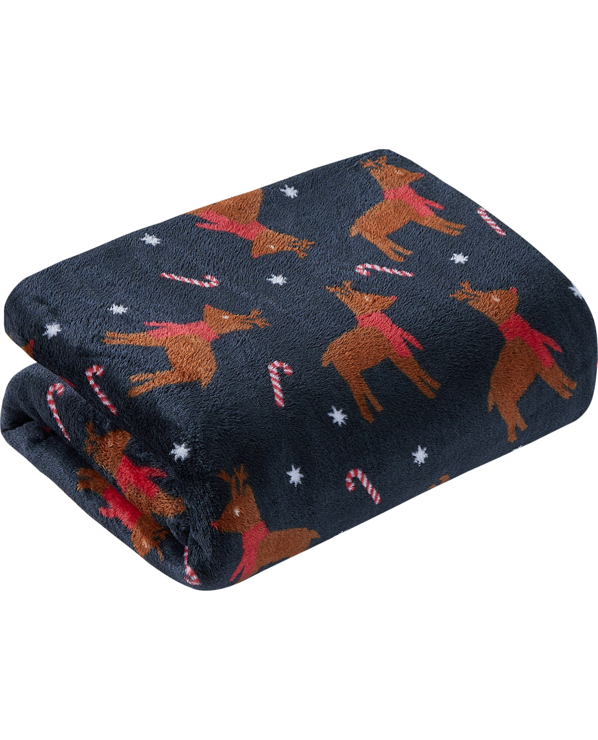 A folded dark navy fleece blanket featuring a festive Christmas pattern with brown reindeer wearing red scarves, white candy canes, and white snowflakes.