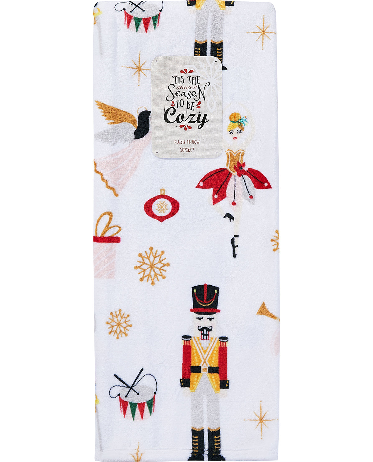 A white Christmas-themed bath mat featuring a festive pattern with a nutcracker, snowflakes, ornaments, and the text 'It's the Season to be Cozy'.