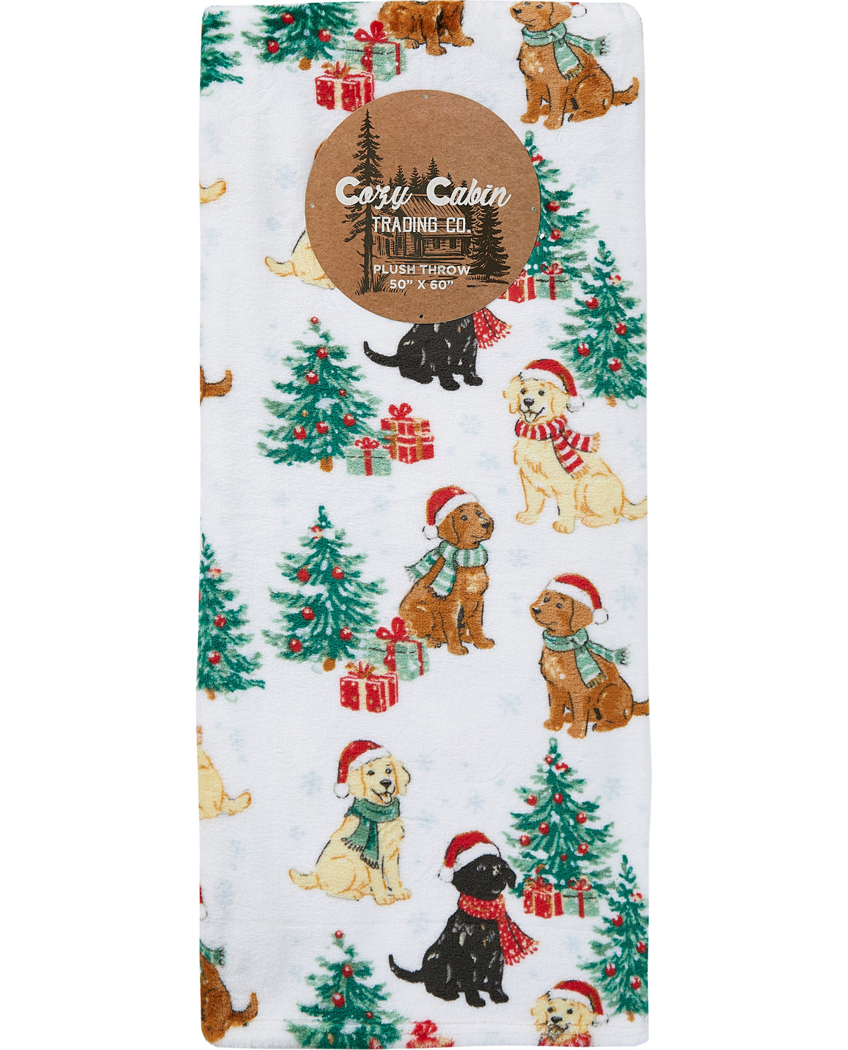 A folded fleece blanket featuring a festive Christmas dog print on a white background. The pattern includes golden retrievers, black dogs, yellow Labrador Retrievers, Christmas trees with ornaments, and wrapped gifts.