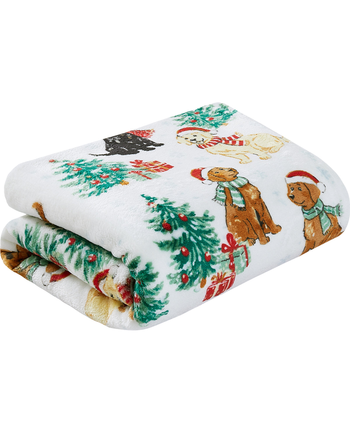A folded white fleece blanket featuring a Christmas-themed print with dogs wearing Santa hats, Christmas trees, ornaments, and wrapped gifts.