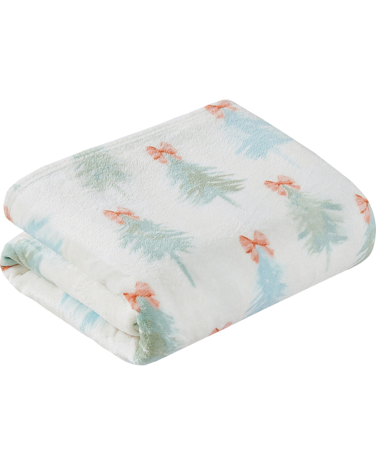 A folded plush blanket featuring a light blue and green pine tree pattern with small orange bows on a white background.