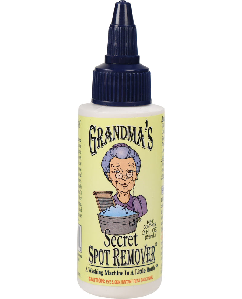 A bottle of Grandma's Secret Spot Remover laundry detergent, featuring a pale yellow label with an illustration of an elderly woman and a pot, and a dark blue squeeze cap, on a white background.
