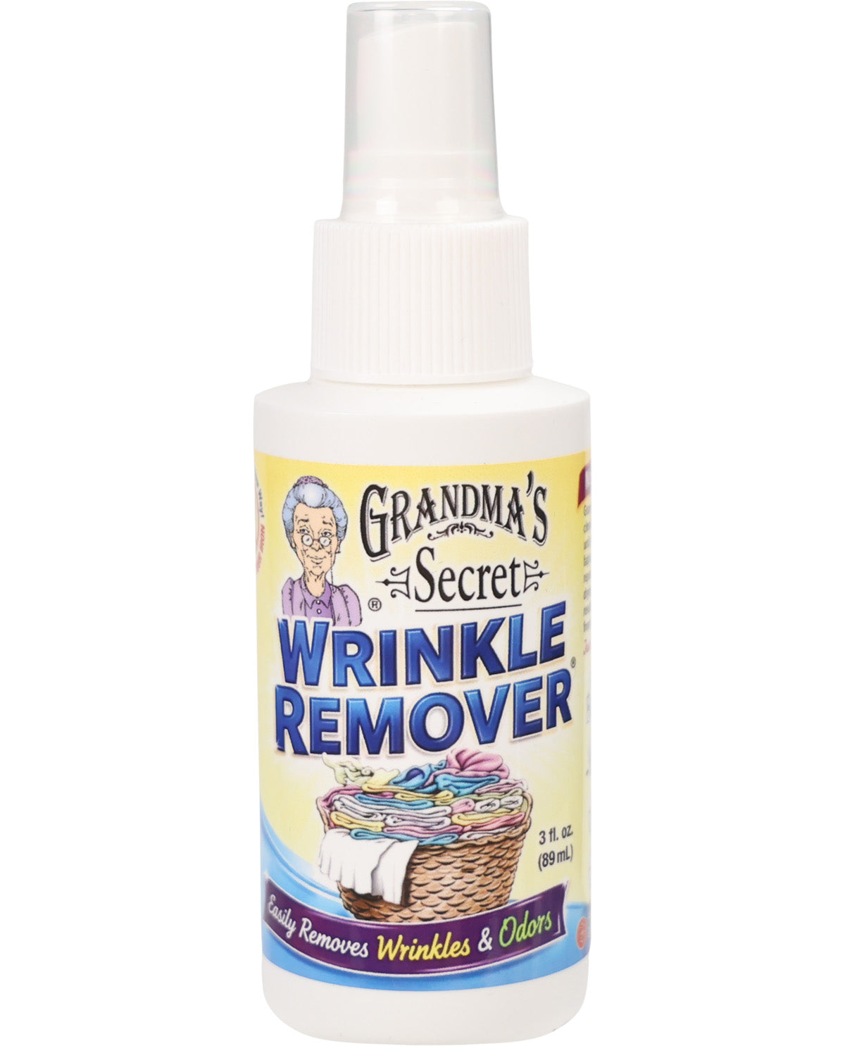 A 3 fl oz bottle of Grandma's Secret Wrinkle Remover spray, featuring a white plastic bottle with a clear spray top and a colorful label.