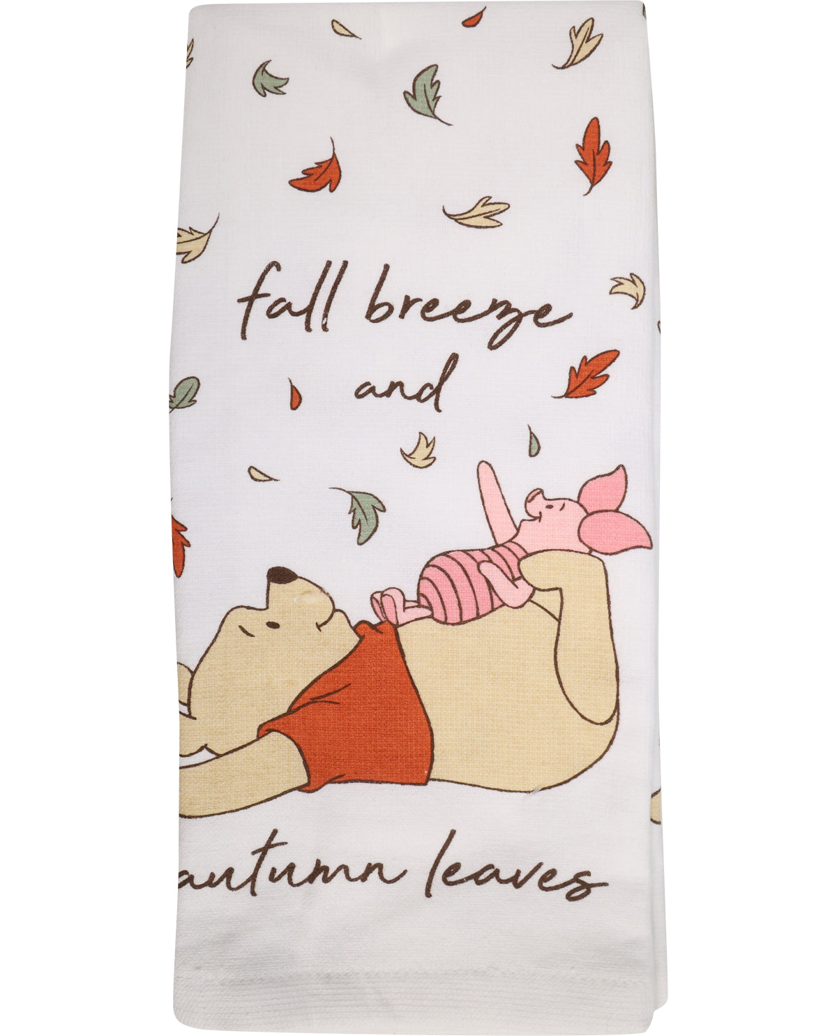Towel with cartoon characters and autumn-themed text on a white background
