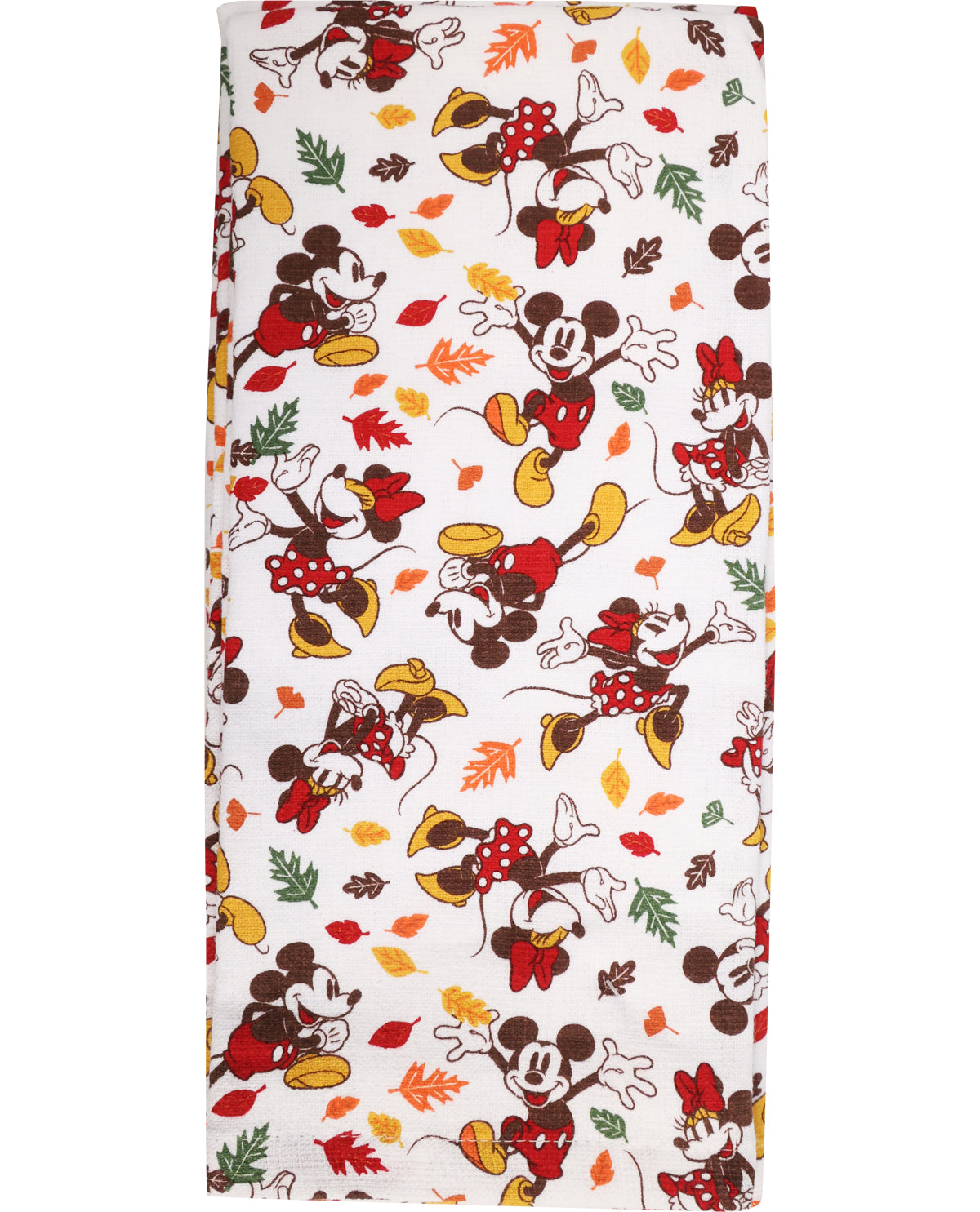 Mickey and Minnie Mouse fabric with autumn leaves on a white background