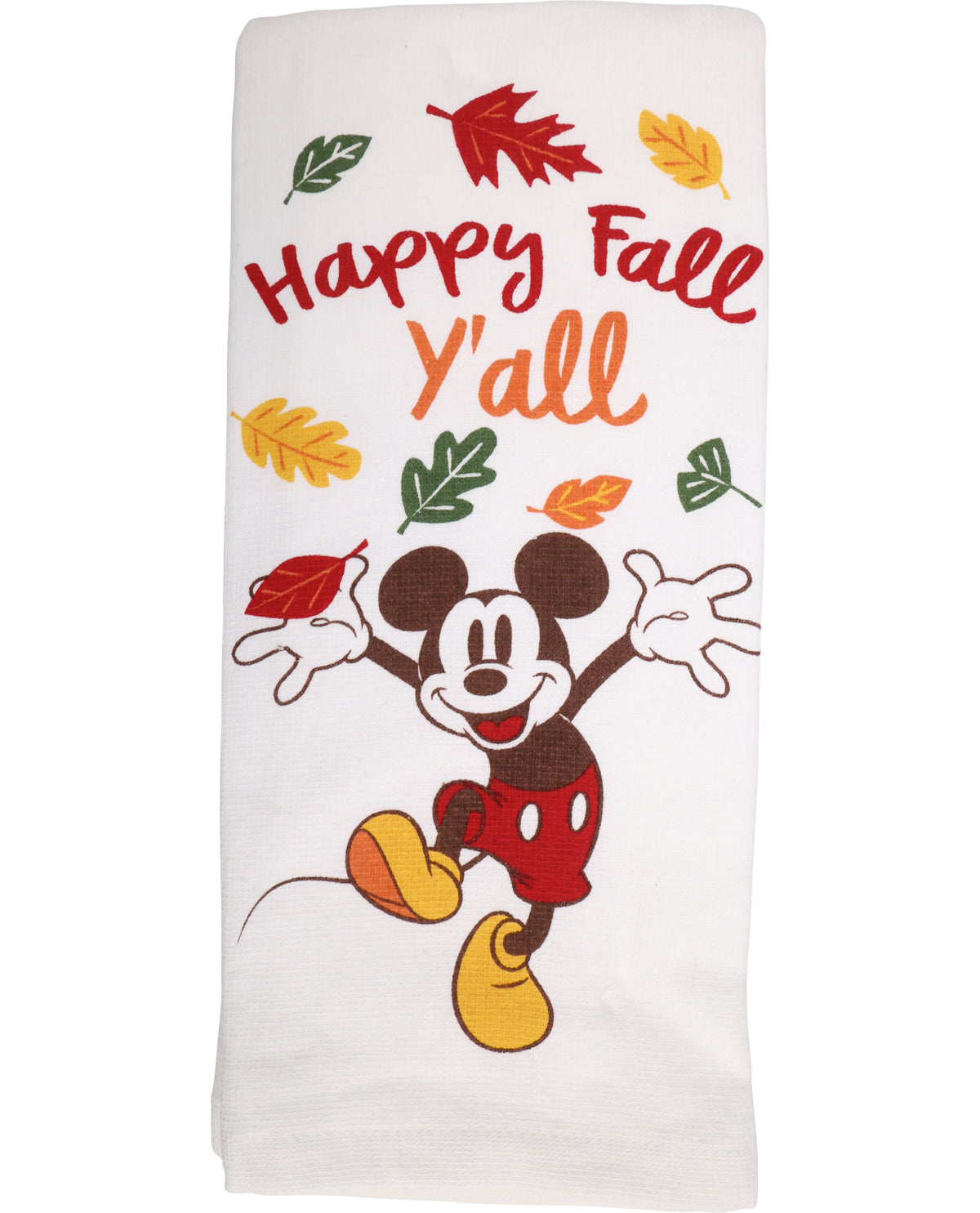 Towel with Mickey Mouse design and 'Happy Fall Y'all' text on a white background