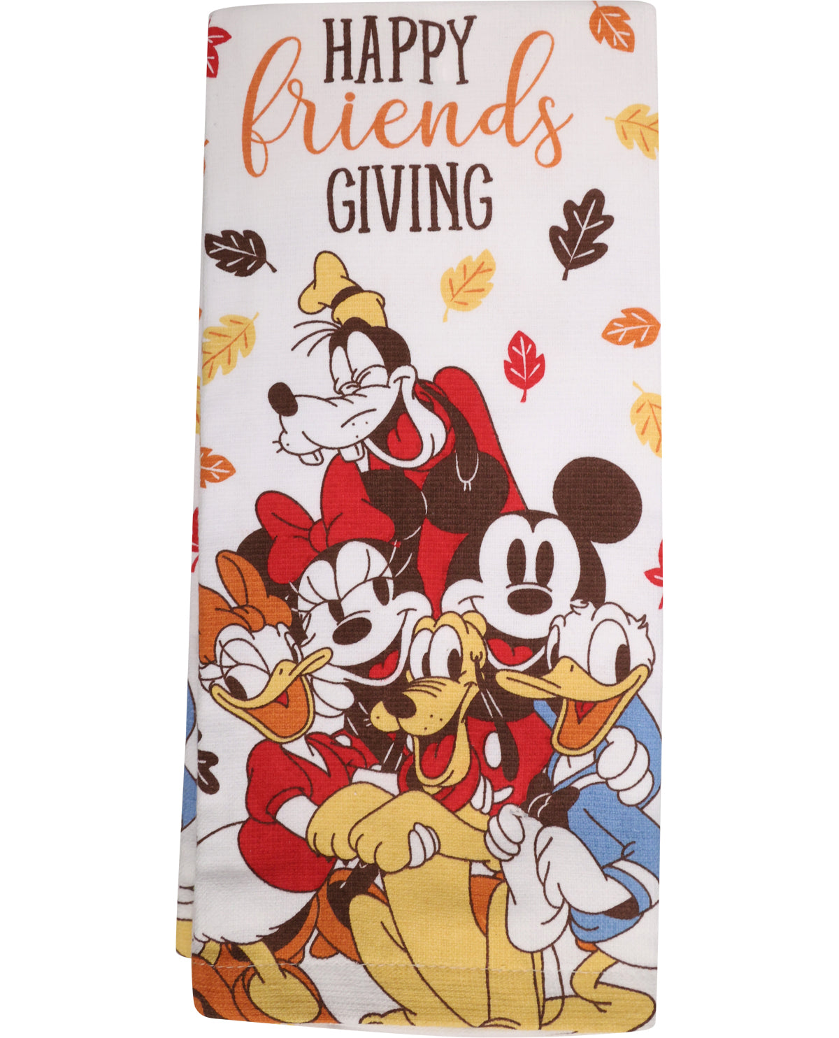 Cartoon characters on a towel with 'Happy Friends Giving' text and autumn leaves.