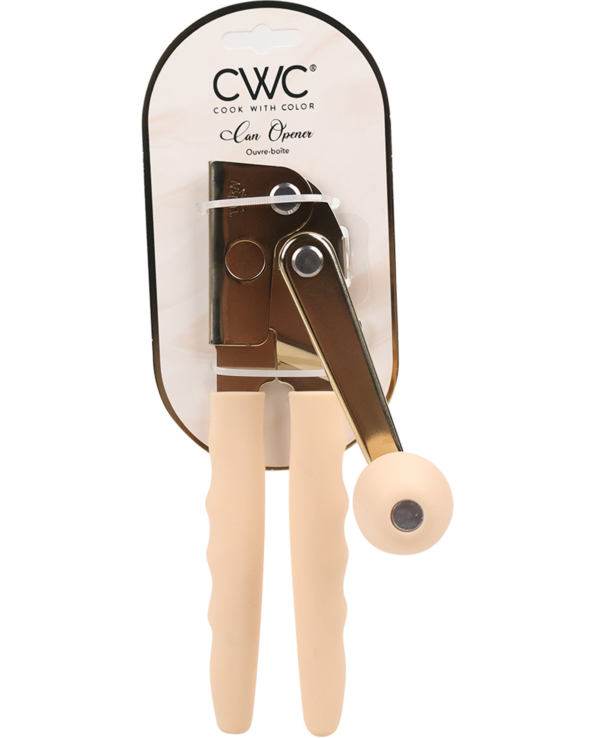 Can opener with beige handles on a white background, featuring the CWC brand.