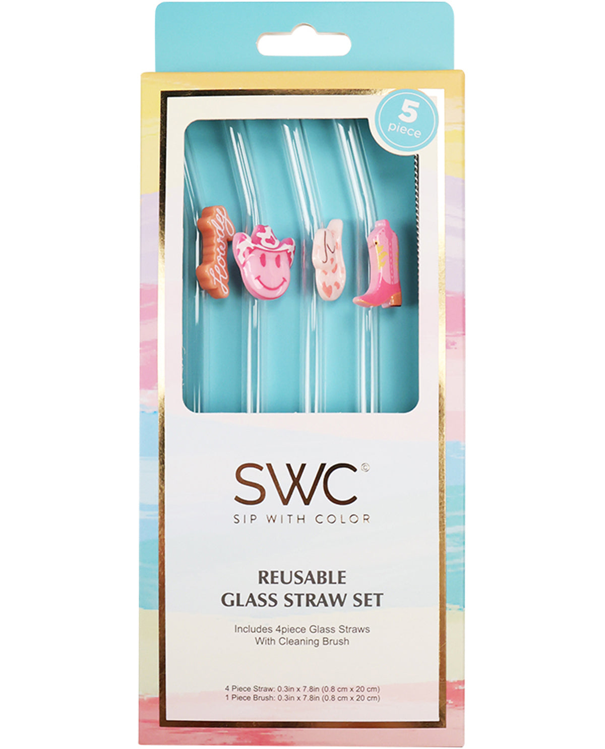 Packaged reusable glass straw set with colorful straws and cleaning brush, featuring the brand 'SWC'.