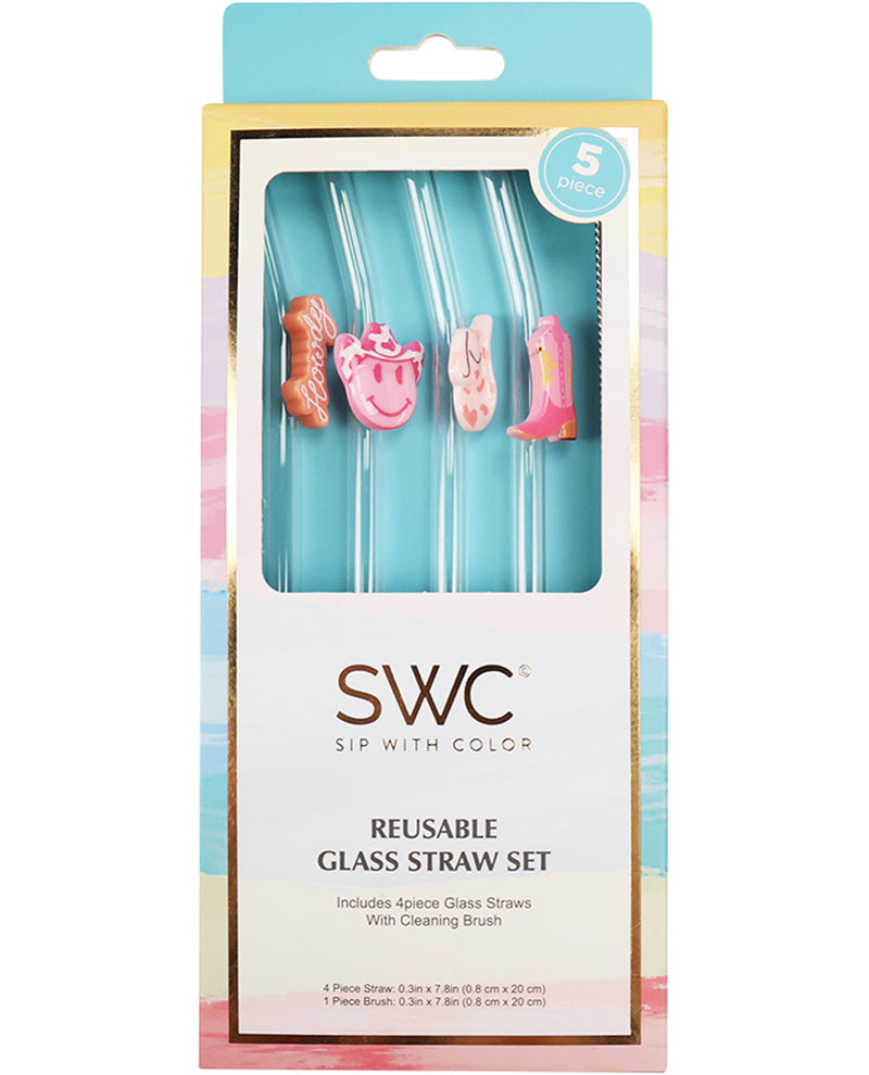 Packaged reusable glass straw set with colorful straws and cleaning brush, featuring the brand 'SWC'.