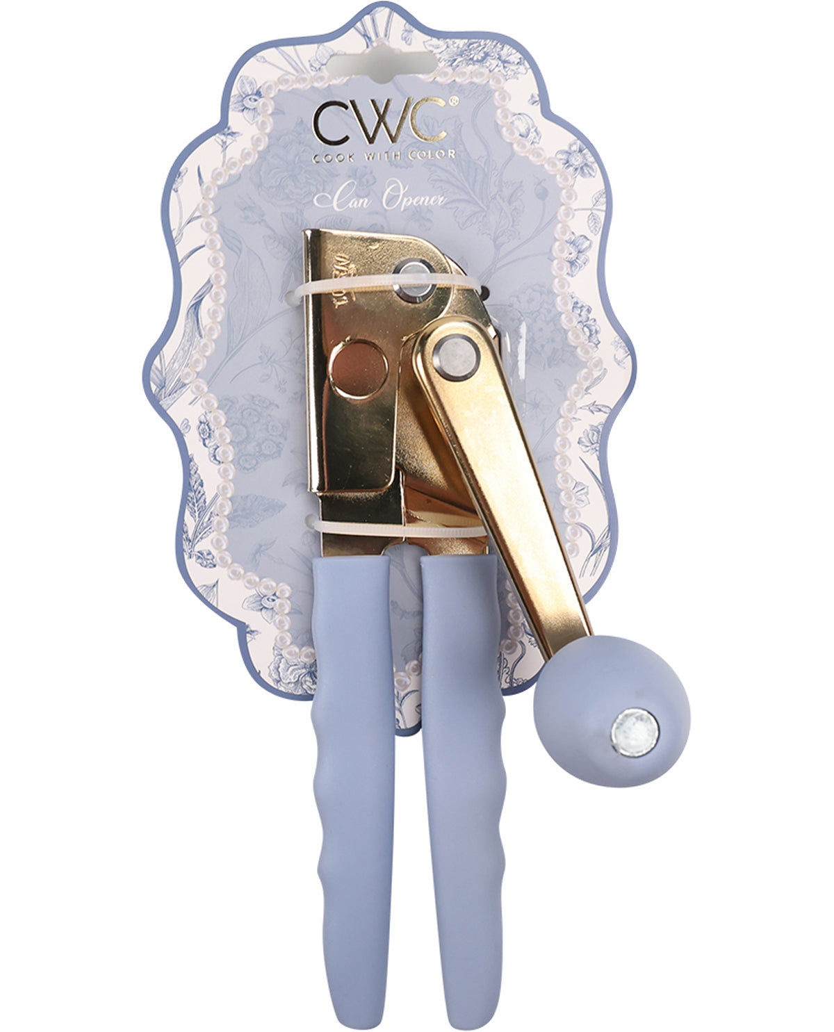 Nail clipper with gold blade and blue handle on a white background