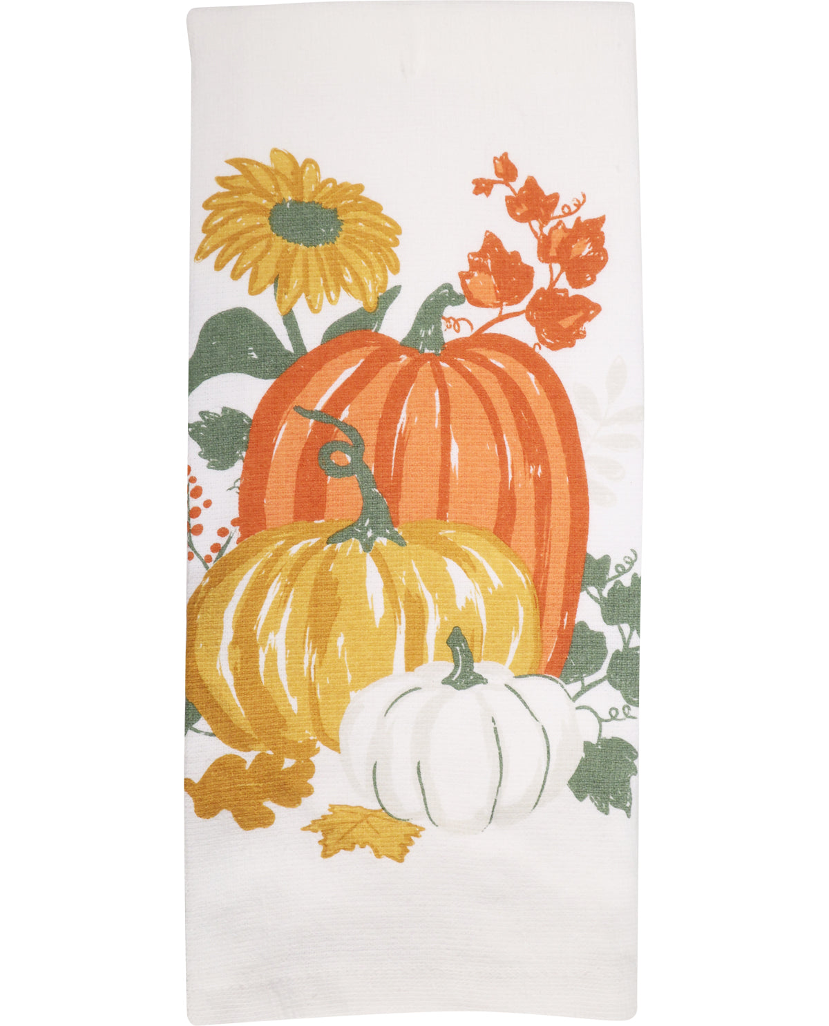Decorative kitchen towel with pumpkins, sunflower, and leaves on a white background
