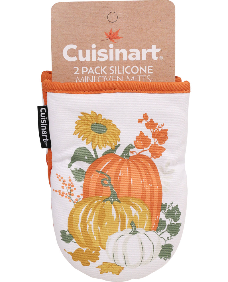 Cuisinart silicone mini oven mitts with pumpkin and leaf design on a white background