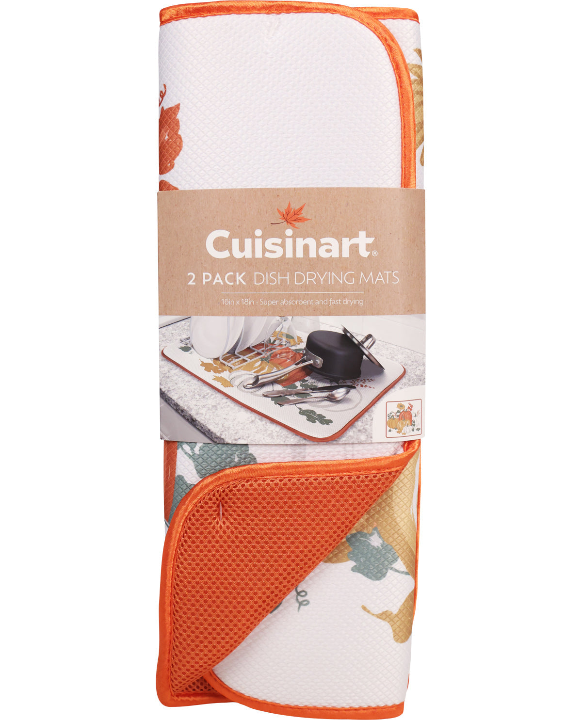 Cuisinart 2-pack dish drying mats with orange border on a white background