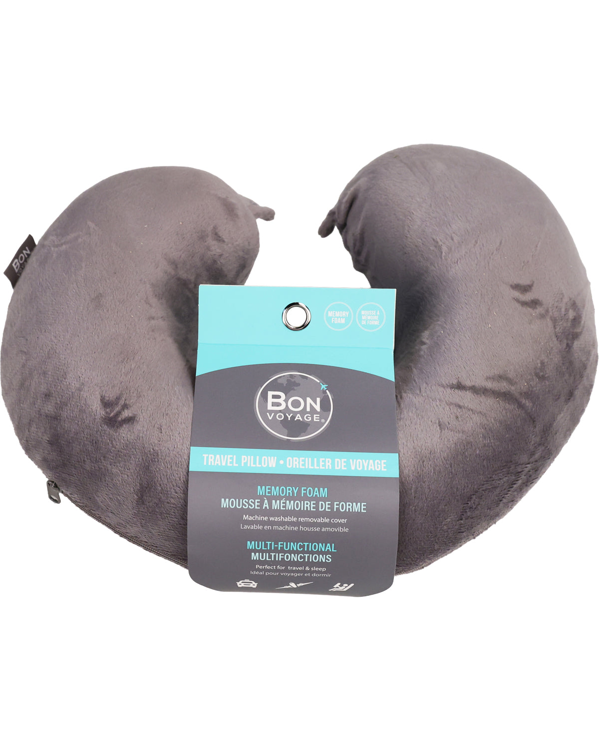 Gray travel pillow with 'Bon Voyage' packaging on a white background