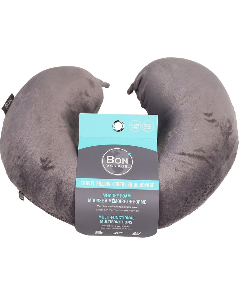 Gray travel pillow with 'Bon Voyage' packaging on a white background
