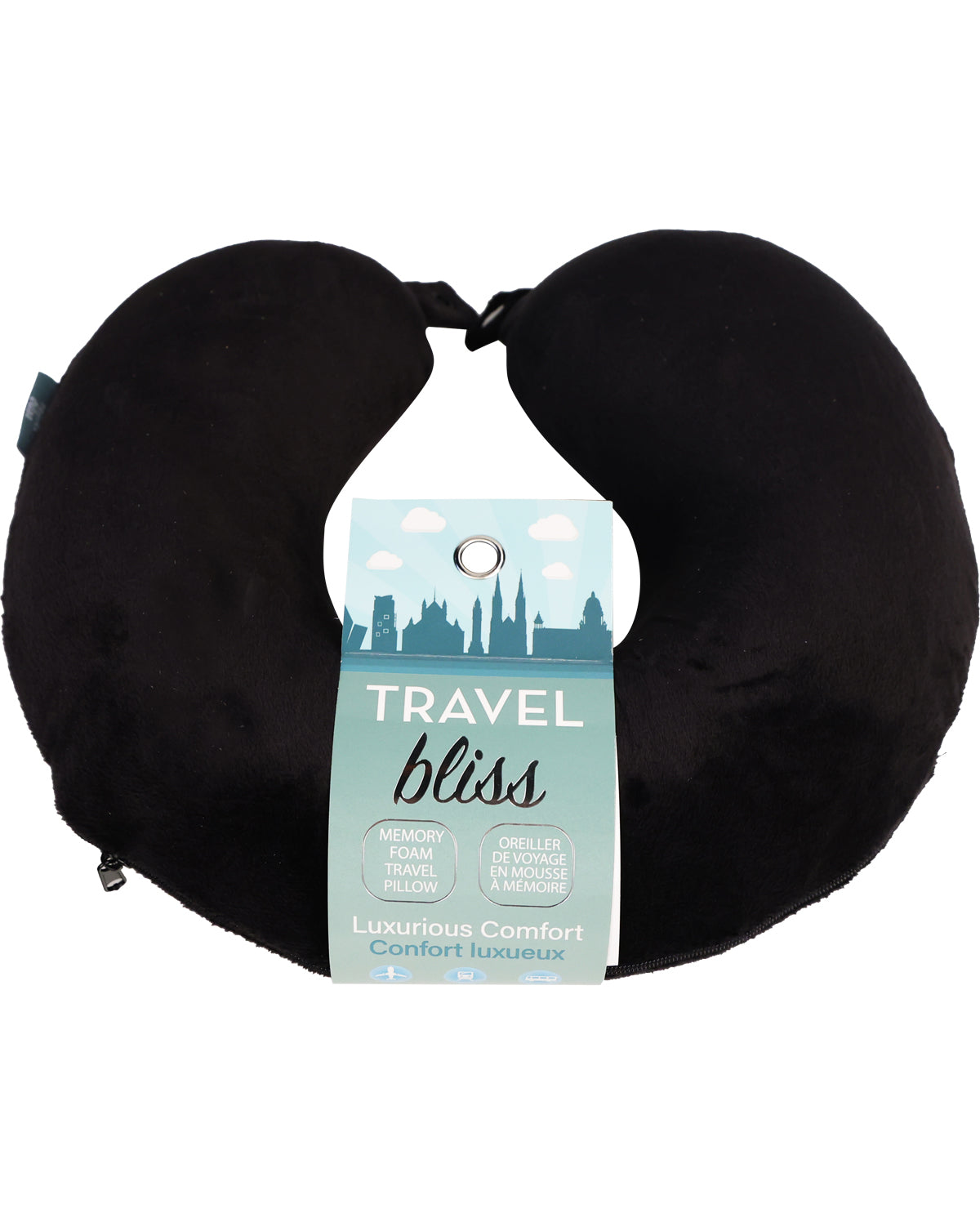 Black travel neck pillow with 'Travel Bliss' tag on a white background