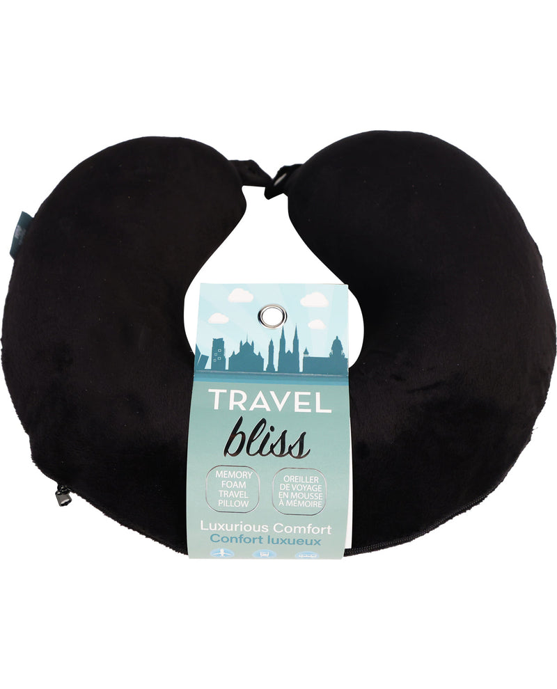 Black travel neck pillow with 'Travel Bliss' tag on a white background