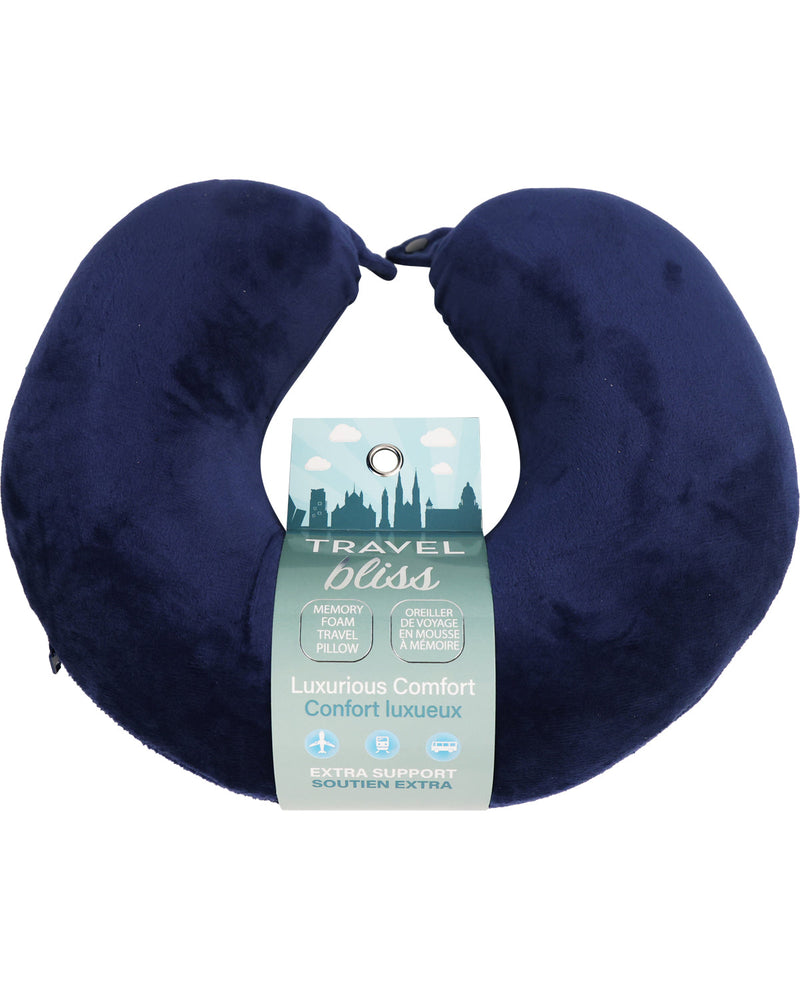 Navy blue travel neck pillow with 'Travel Bliss' label on a white background
