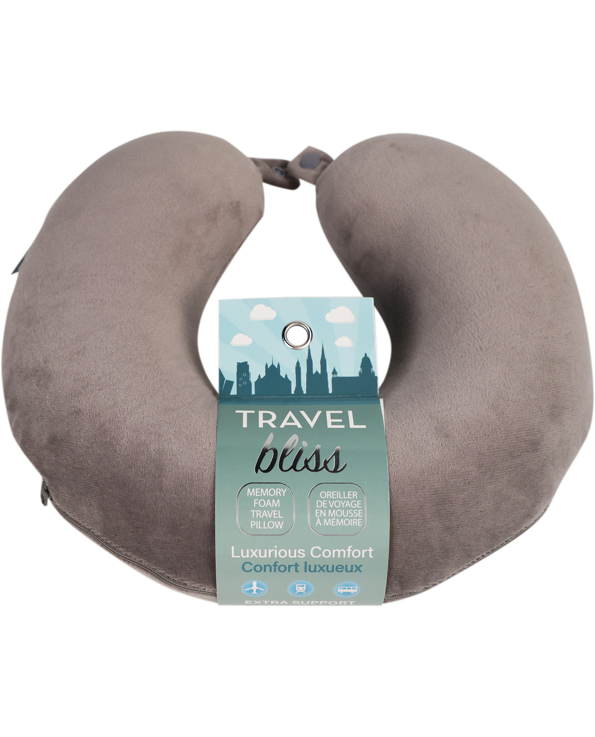 Gray travel neck pillow with 'Travel Bliss' label on a white background