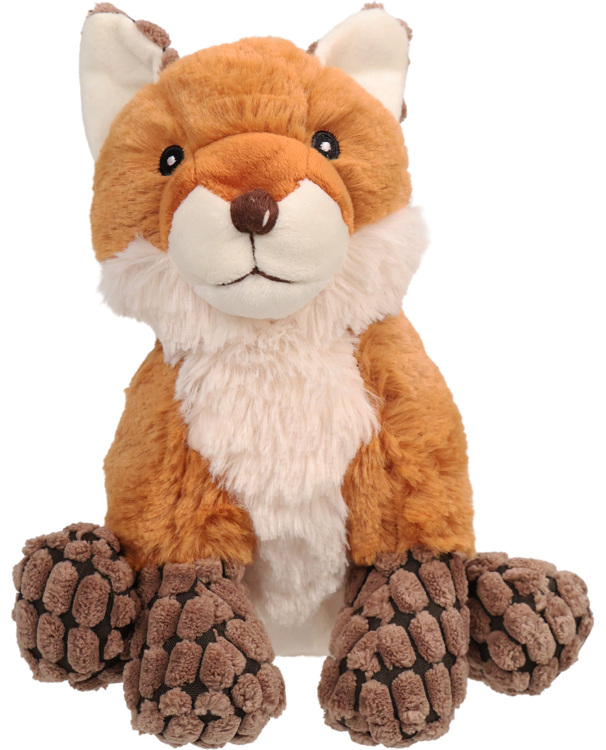 Plush fox toy with brown and white fur on a white background