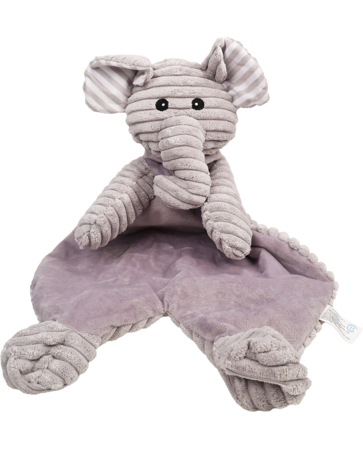 Plush elephant toy with a blanket on a white background